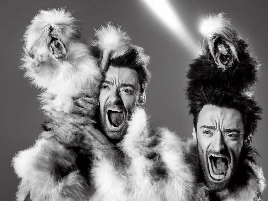 Prompt: Hugh Jackman and Fluffy Furry monster, making silly faces from a stage, movie still, studio lighting, 4k, 8k, high resolution