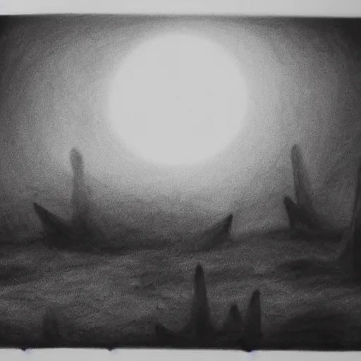 Prompt: charcoal drawing of ghosts left in an abandoned floating overgrown city, sunset, detailed, landscape, canon 50mm lens