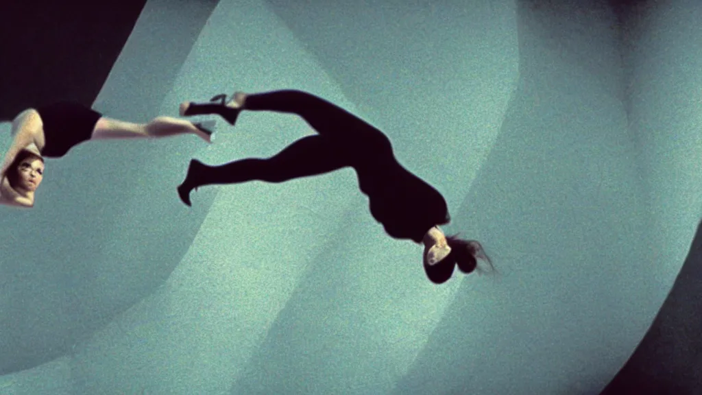 Image similar to a woman in a plank position free falling through the air, film still from the movie directed by Denis Villeneuve with art direction by Salvador Dalí, wide lens