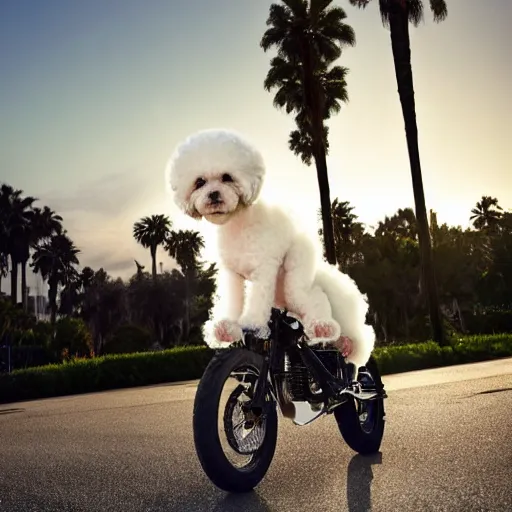 Image similar to a photorealistic image of a smiling white bichon frise puppy dog riding a black motorcycle in Hollywood at sundown. Palm trees in the background. Paws on handlebars. This 4K HD image is Trending on Artstation, featured on Behance, well-rendered, extra crisp, features intricate detail and the style of Unreal Engine.