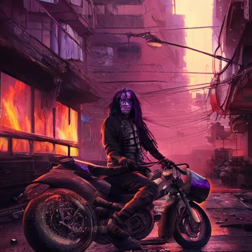 Image similar to portrait painting of a street samurai with long purple hair riding a motorcycle through a burning cyberpunk slum, glitchwave, ultra realistic, concept art, intricate details, eerie, highly detailed, photorealistic, octane render, 8 k, unreal engine. art by artgerm and greg rutkowski and nivanh chanthara