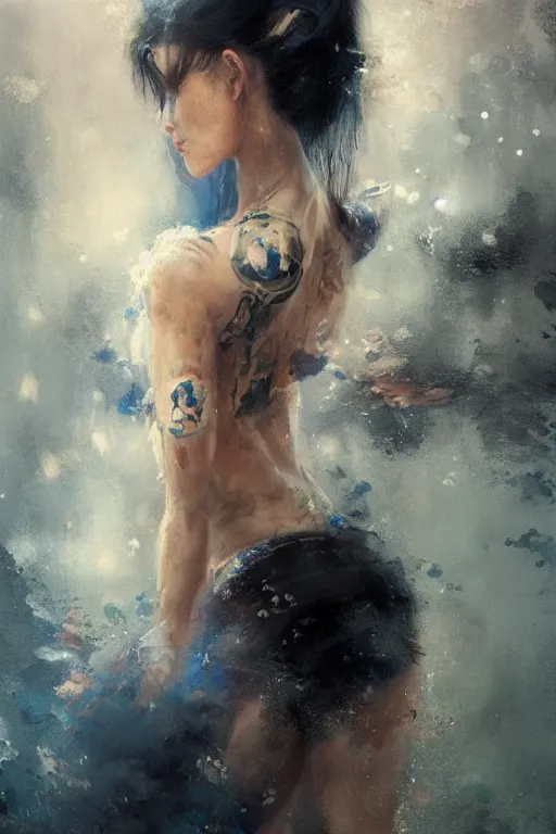 Image similar to an epic painting of sailor moon as a real girl, oriental tattoos, realism, dramatic, intricate, by jeremy mann and greg rutkowski, trending on artstation, oil on canvas