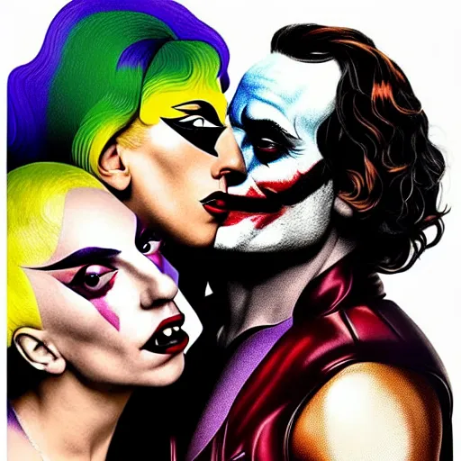 Prompt: richard hamilton and mimmo rottela as lady gaga harley queen and joaquin phoenix joker kissing, pop art, medium long shot, 3 color, separate content, object details, dynamic composition, 4 k, ultra realistic art, smooth, sharp focus, illustration, concept art, intricate details, h 7 6 8