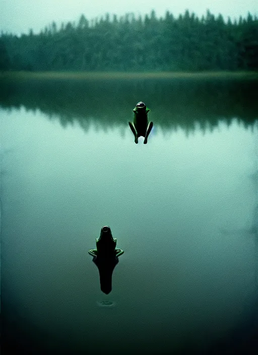 Image similar to sad, lonely frog vertically hovering above misty lake waters in jesus christ pose, low angle shot, long cinematic shot by Andrei Tarkovsky, paranormal, eerie, mystical