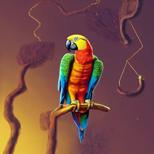 Image similar to parrots wearing golden rings and necklaces, with rap cap on head, rapping and sitting on golden trees, rap scene, cyberpunk concept art, trending on artstation, highly detailed, digital art, 8 k