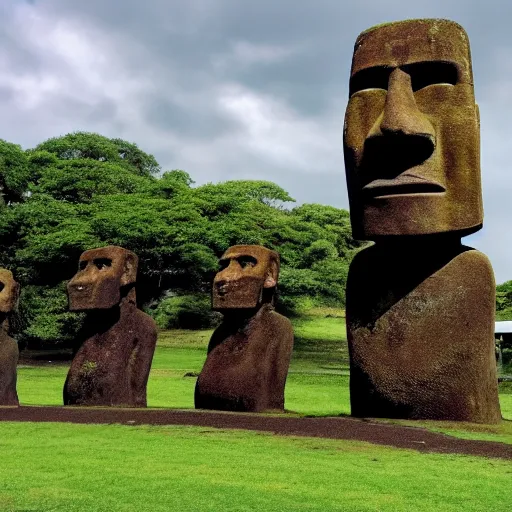 A moai behind a podium giving a speech