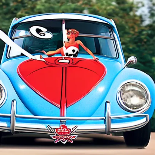 Image similar to close - up sports shot of a hybrid'herbie the love bug'race car and a real lady bug. it's a nice night at the drive - in diner. imax, 7 0 mm, movie still