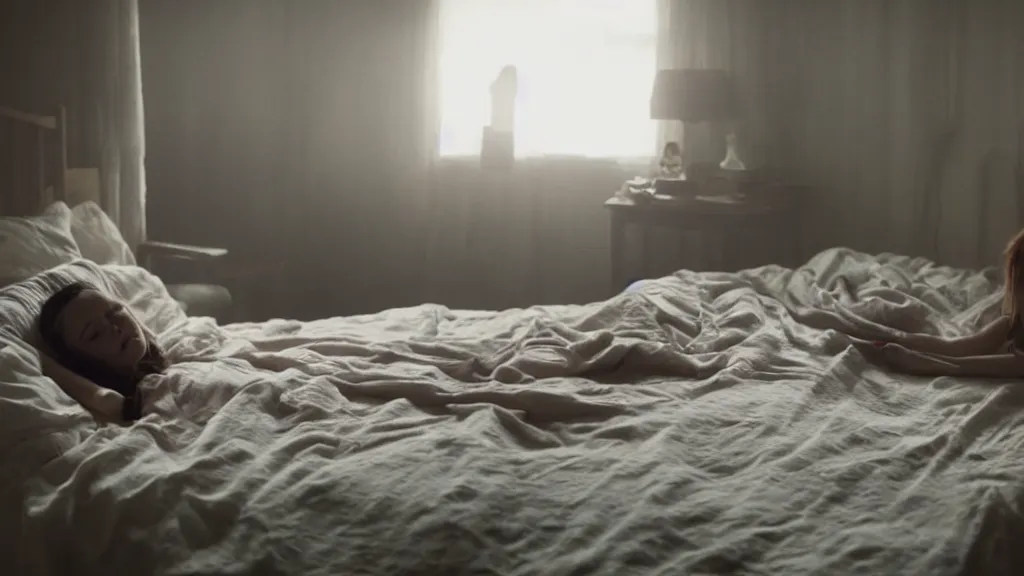 Image similar to movie still of girl having sleep paralysis, cinematic composition, cinematic light, criterion collection, by edgar wright and emmanuel lubezki