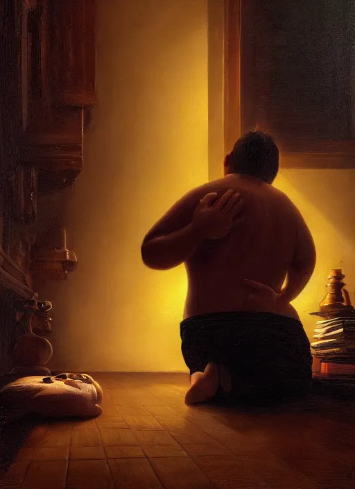 Image similar to insanely detailed chiaroscuro image of a sleepy - looking chubby casually - dressed programmer guy on his knees facing his glowing ultrawide monitor monitor begging it for forgiveness, oil on canvas, masterwork, fine detail, trending on artstation, emotive, insanely compelling, ryden, koons, moebius