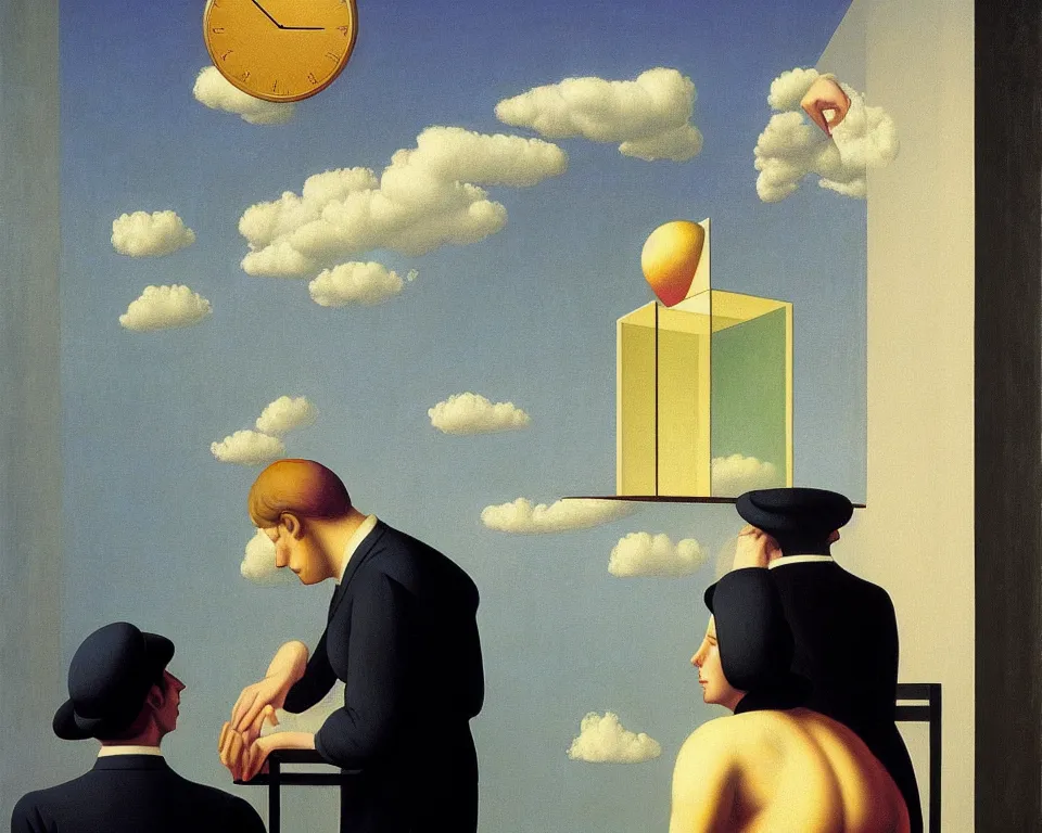 Prompt: an achingly beautiful print of time itself by Raphael, Hopper, and Rene Magritte. detailed, romantic, enchanting, trending on artstation.