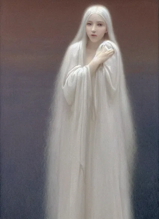 Prompt: thin young beautiful angel with silver hair so long, pale!, wearing white robes!, wearing silver hair, golden goddess, young adorable korean face, silver hair!!, oil on canvas, style of jean delville, 4 k resolution, aesthetic!,