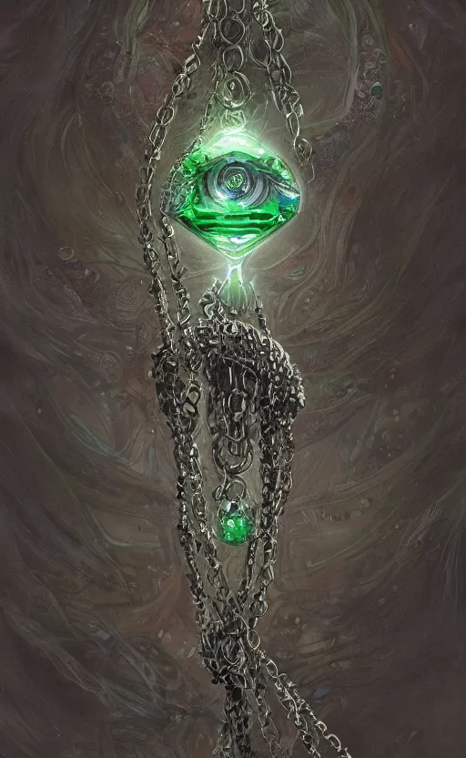 Image similar to a close view of a necklace with a small forest green crystal pulsing light, cloth accessories, front game card, drark, marvel comics, dark, intricate, highly detailed, smooth, artstation, digital illustration by ruan jia and mandy jurgens and artgerm and wayne barlowe and greg rutkowski and zdislav beksinski