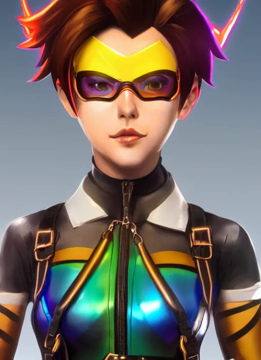 Image similar to portrait bust digital artwork of tracer overwatch, wearing iridescent rainbow latex and leather straps catsuit outfit, expressive face, makeup, in style of mark arian, angel wings, wearing detailed leather collar, chains, black leather harness, detailed face and eyes,