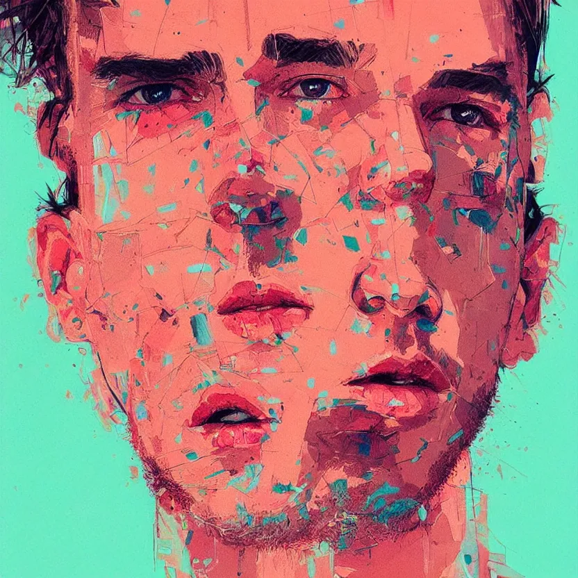 Image similar to close up portrait painting of a male in nineties street styling, concept art, intricate details, aesthetically pleasing pastel colors, art by conrad roset, impressionism, portrait