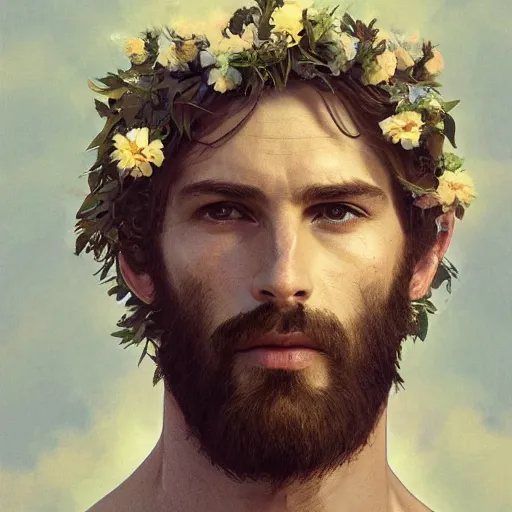 Image similar to portrait of the god of the meadow, 30 years old, meadow, flower crown, rugged, male, gorgeous, detailed face, amazing, hairy torso, muscular, intricate, highly detailed, digital painting, artstation, concept art, sharp focus, illustration, art by greg rutkowski and alphonse mucha