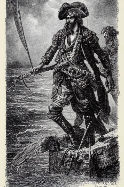 Image similar to an portrait engraving of the pirate long john silver by gustave dore, ian miller, treasure island, highly detailed, storybook illustration, lithograph engraving