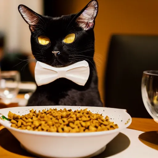 Image similar to A photo of a cat wearing a bowtie sitting in a fancy and expensive gourmet restaurant and eating a plate of cat food. f/2.8, dim lighting, award winning photo