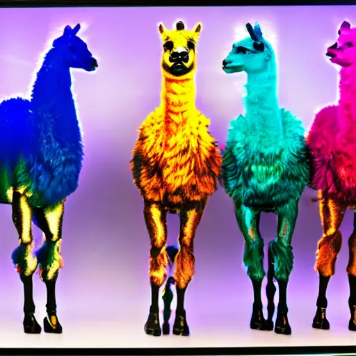 Image similar to 3 rainbow llamas standing around a crt monitor, 8 k