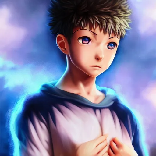 Image similar to an oil painting of a killua zoldyck, by artgerm, hd, hdr, ue 5, ue 6, unreal engine 5, cinematic 4 k wallpaper, 8 k, ultra detailed, high resolution, artstation, award winning