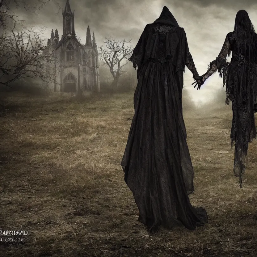 Prompt: A Gothic couple of jewels in an empty land, dark romance, dark and mysterious, atmospheric, ominous, eerie, cinematic, Epic, 8k, 4k, ultra detail, ultra realistic, rendered by awesomeness
