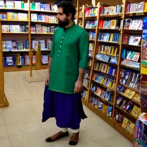 Prompt: Italian/Irish guy in kurta as a cashier in the bookstore at a Hindu ashram