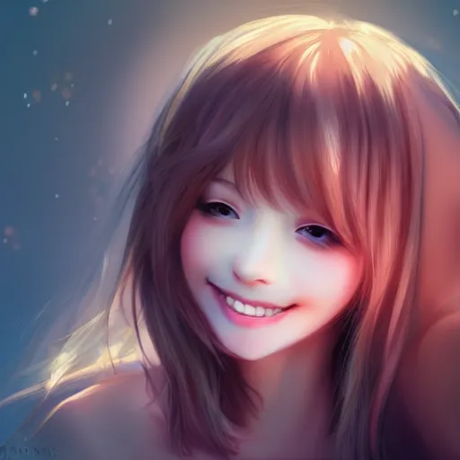 Image similar to cute girl smiling blushing kawaii lovely art drawn in art style of WLOP full HD 4K highest quality realistic beautiful gorgeous natural WLOP artist painting