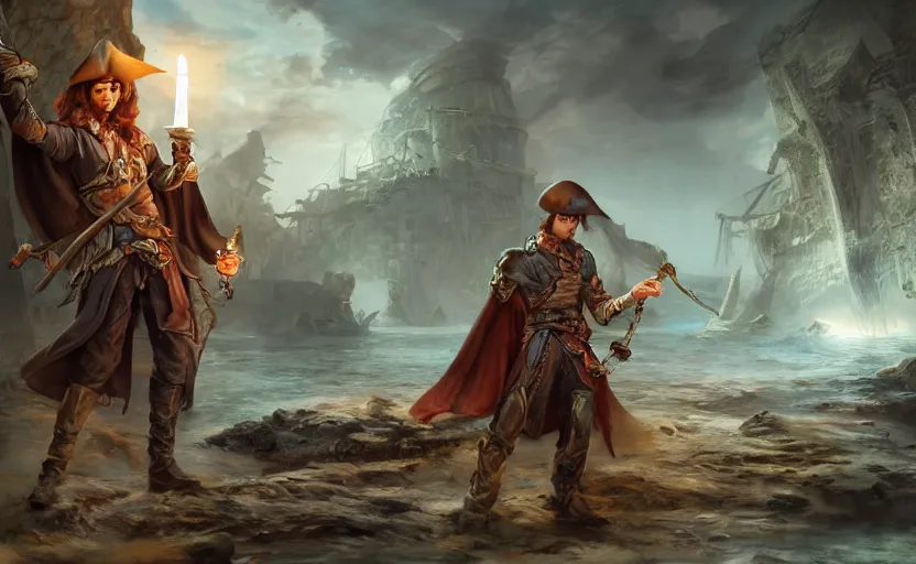 Prompt: concept art of a swashbuckler holding a candle holder discovering a sunken ruins, wearing a cape, grand ship, highly detailed, digital art, illustration, artstation, very detailed, 4 k