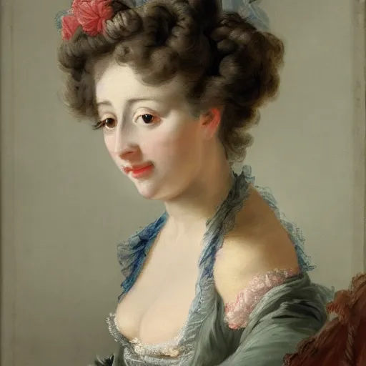 Prompt: portrait painting of a woman, bourgeoisie, high society, beautiful, elegant, shoulder - length, playful, by francois boucher, largilliere, elisabeth vigee le brun, rococo