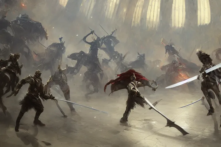 Image similar to painting of people tripping over swords in an arena, digital painting, volumetric light, intricate, sharp, focus, bloom, illustration, highly detailed, concept art, matte, ruan jia, randy vargas, greg rutkowski