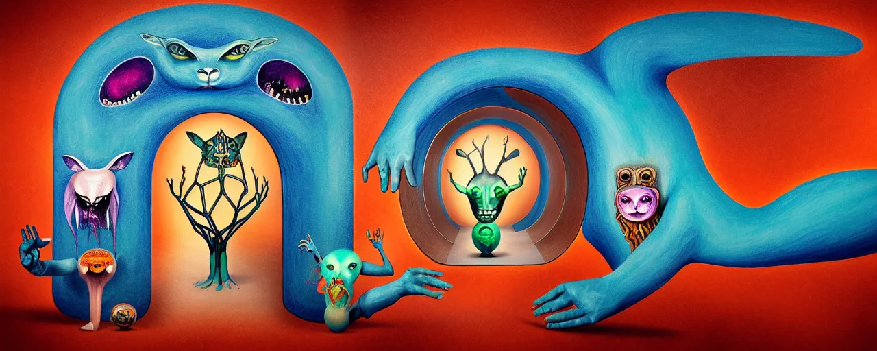 Prompt: deep ego - self axis tunnel with a strange whimsical wild creatures with endearing eyes, painted by ronny khalil