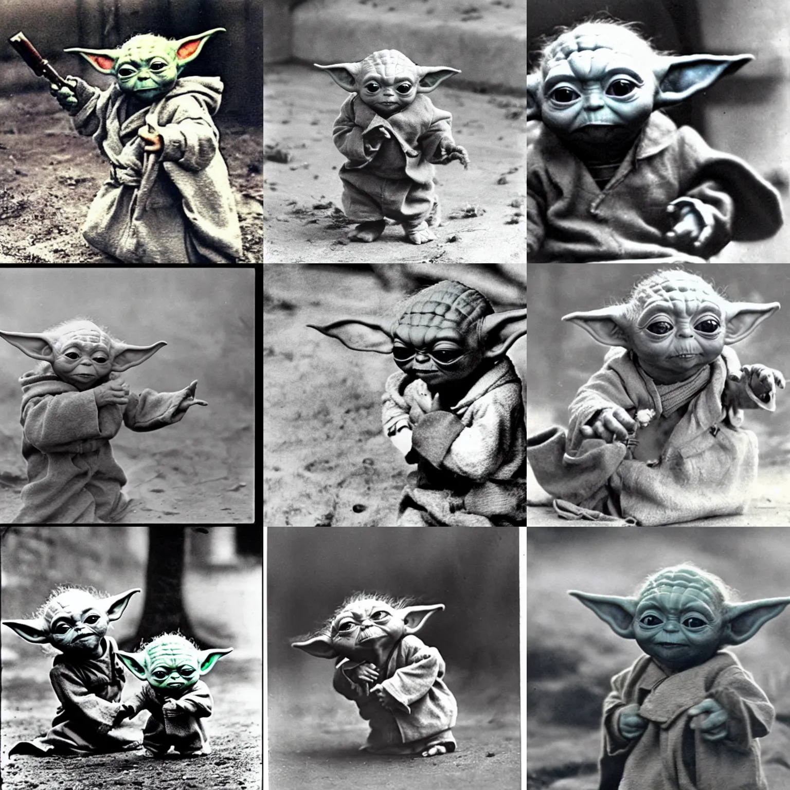 Prompt: Baby yoda fighting in the 1st world war, photograph