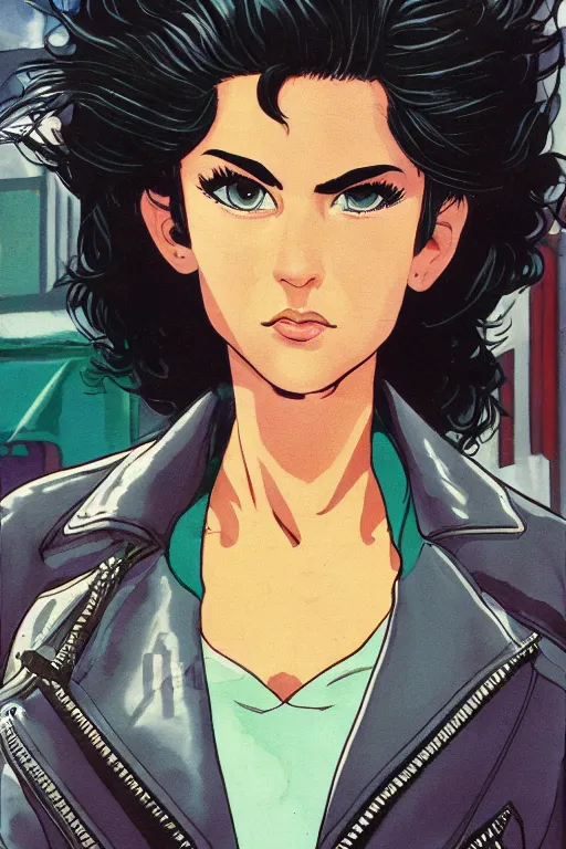 Image similar to portrait of an attractive young female protagonist, center focus, wearing leather jacket, in city street, detailed face, artwork by ralph bakshi