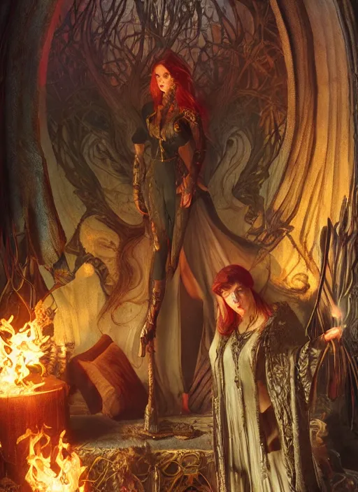 Image similar to firestarter inside covens den, intricate wiccan scene detailing, hyperdetailed, photorealistic, diffuse lighting, hdrp, artstation, unreal 5, smooth, textless, sharp focus, art by john collier, albert aublet, krenz cushart, artem demura, alphonse mucha