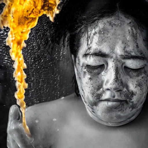 Image similar to a person bathing in boiling oil, portrait photograph