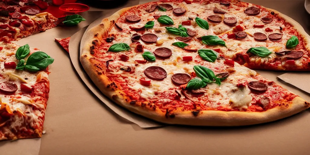 Prompt: a product picture of pizza, photographic filter, unreal engine 5, realistic, hyperdetailed, 8 k, cinematic, volumetric lighting, very realistic effect, hd, hdr, 4 k, sharp focus, octane render, ultra detailed, high resolution, trending on artstation in the style of albert dros glowing rich colors powerful imagery