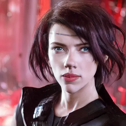 Image similar to a beautiful medium - shot still of scarlett johansson as motoko kusanagi from ghost in the shell, cyberpunk style, looking off into the distance, kusanagi hairdress, balck hairs, ultra realistic, soft, blue hour, soft neons light from night city falling on her face. focus on her eyes and brows. by annie leibowitz