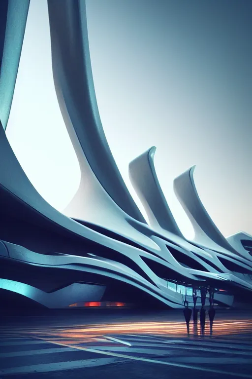 Prompt: a futuristic scene in front of a zaha hadid building, cinematic matte painting, extreme detail photo quality, dark moody colors, featured on behance