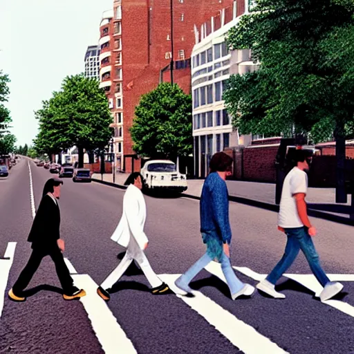 Image similar to 4 men walking on crosswalk on abbey road, city, digital art, 8 k.