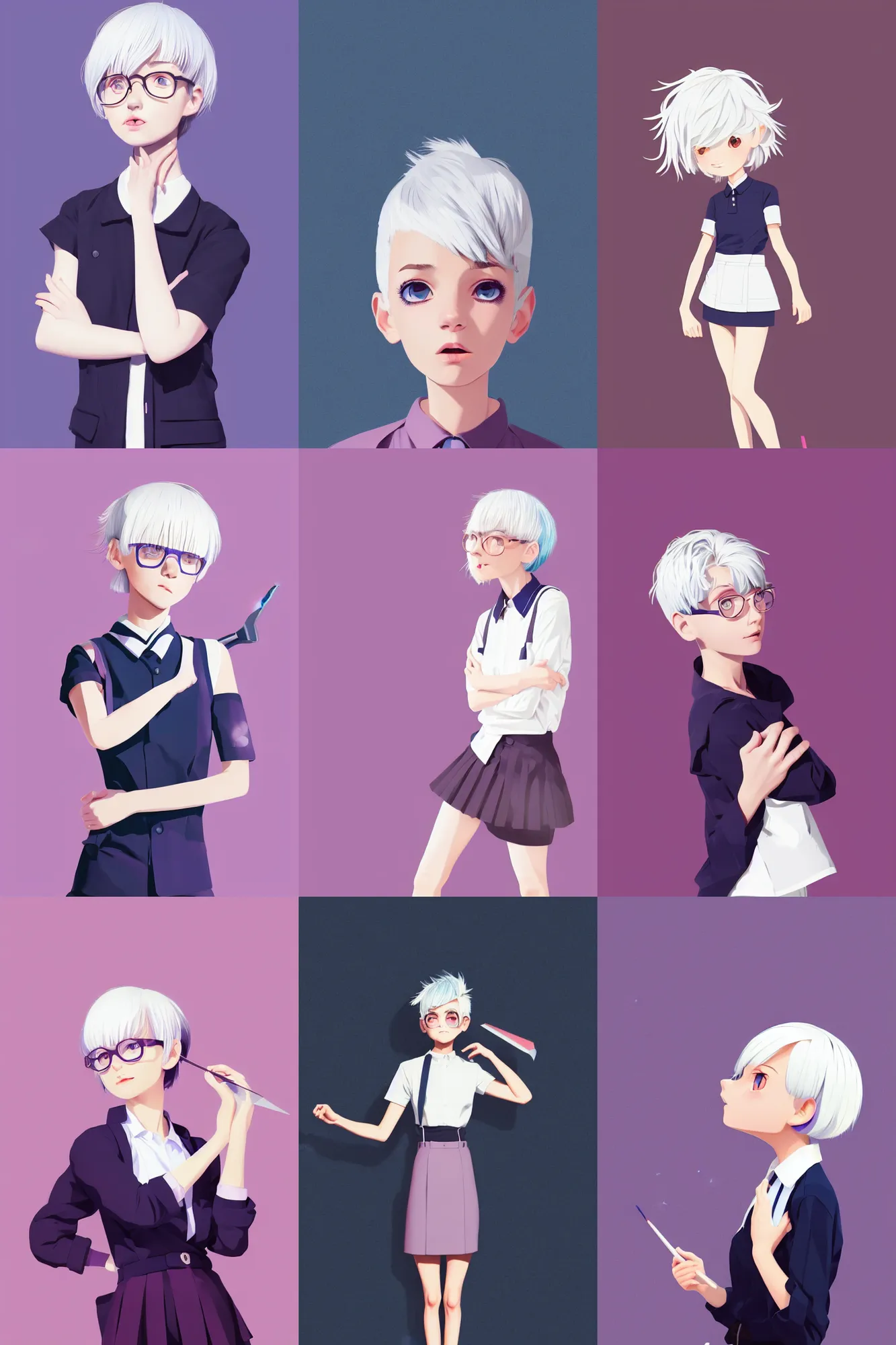 Prompt: a cute girl with cut to shoulder white hair wearing school uniform, mauve background, cute girl, white hair, cut to shoulder hair, dark blue clothes double ball head, sharp focus, pure background color, illustration, morandi color scheme, art station, by ilya kuvshinov