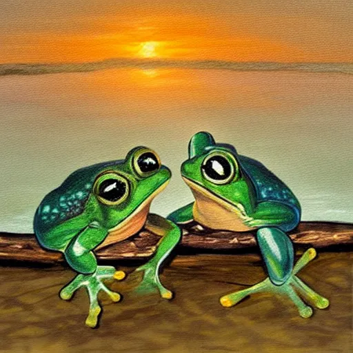 Prompt: Two frogs sitting on a log in a pond, the sun is setting, stylized as an oil painting