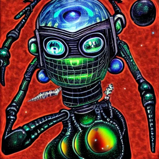 Image similar to alien robot shaman, talisman, prism, lowbrow surrealism