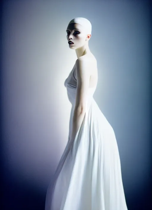 Prompt: kodak portra 4 0 0 photo portrait of a beautiful woman dressed in long white, fine art photography light painting in style of paolo roversi, professional studio lighting, dark dramatic background, hyper realistic photography, fashion magazine style
