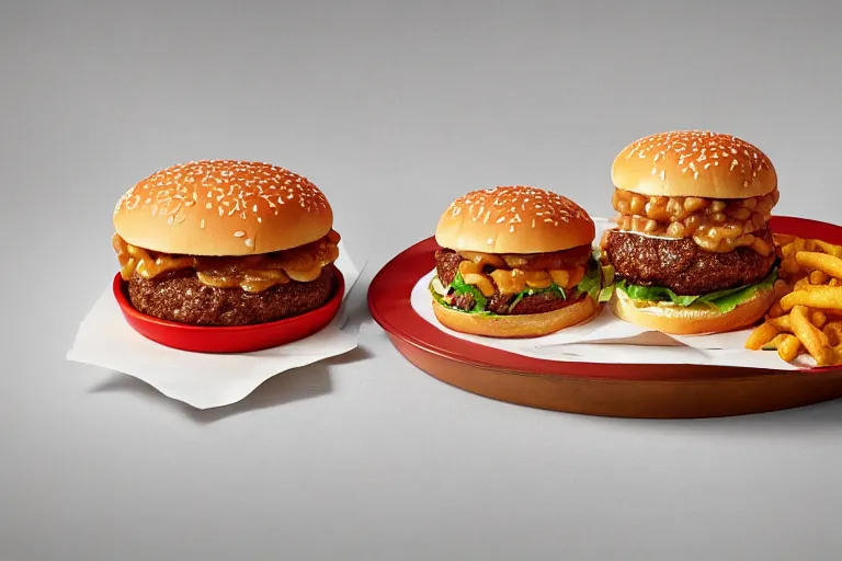 Image similar to mcdonalds baked beans burger, ( ( patty ) ), commercial photograph