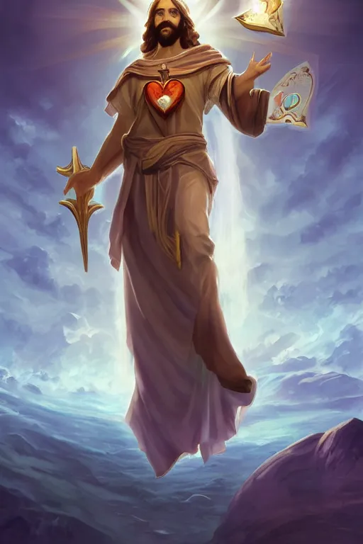 Image similar to A card with description and status of Jesus Christ as a DOTA 2 character holding a Sacred Heart armor, card game, card, trade card game, Artifact Dota2, by Stanley Artgerm Lau, WLOP, Rossdraws, James Jean, Andrei Riabovitchev, Marc Simonetti, Yoshitaka Amano, ArtStation, CGSociety,