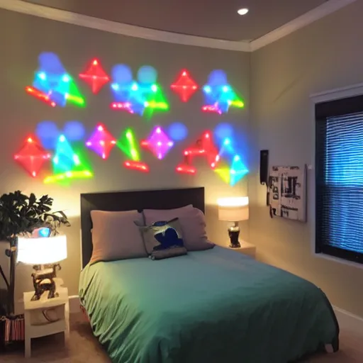 Image similar to a day trader named jay putting up nanoleaf lights in his bedroom