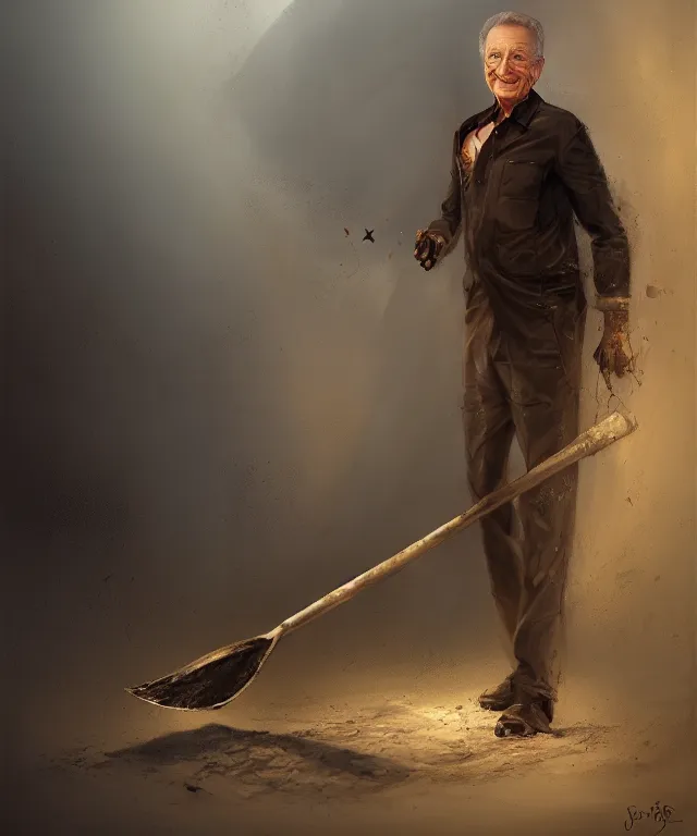 Image similar to bob barker, cinematic, covered in dirt, holding a shovel, elegant, highly detailed, digital painting, artstation, smooth, hard focus, illustration, art by jessica rossier and and brian froud