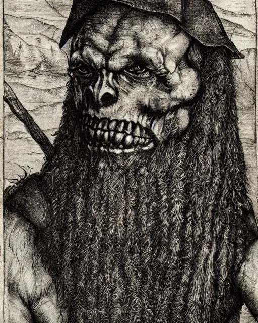 Image similar to orc, fine details, extremely detailed, black and white, very sharp, in the style of albrecht durer