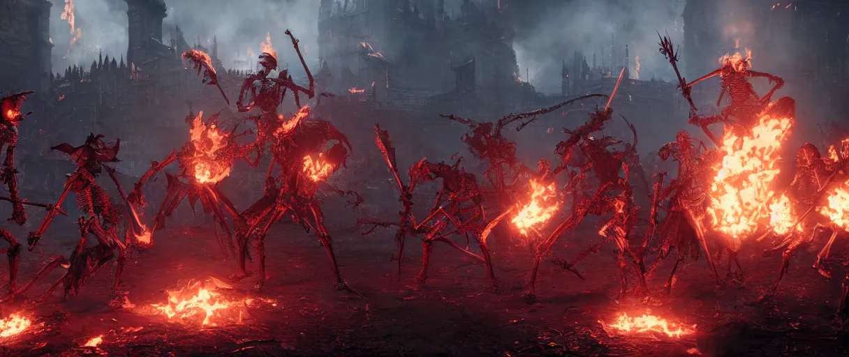 Image similar to a group of flaming skeleton warriors in the aftermath of a battle, bloodborne, cinematic, unreal engine, artstation, 8k