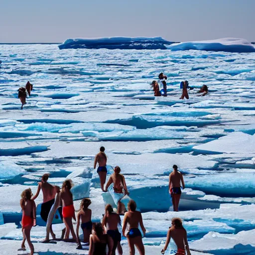 Prompt: lots of people in swimsuit on the pack ice instead of the beach, telephoto vacation picture