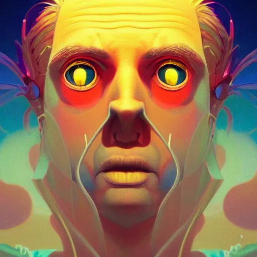 Prompt: colourful breathtakingly weird beautiful powerful magical wonderfully majestic beautifully cool character closeup by michael whelan and moebius and beeple and dan mcpharlin and pascal blanche and jamie hewlett and richard dadd, symmetrical, extreme close up with a serene expression, magical stormy reflections, smoke on water, 8 k artstation